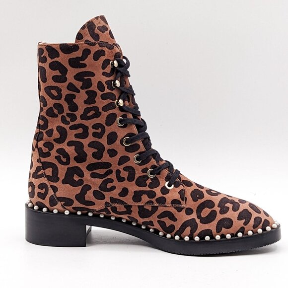 Stuart Weitzman Women Sondra Leopard Print Calf Hair Combat Boots Size 8 - Picture 3 of 8